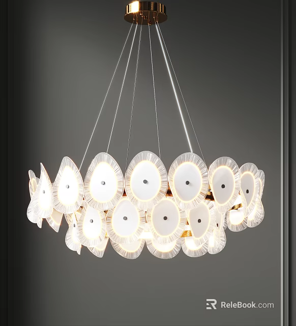 Modern White Chandelier Featuring Circular Petal Shaped Illuminated Hanging Discs 3d model 