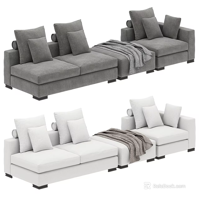 Gray And White Modular Sofa Design With Cushions And Throw Blanket 3d model