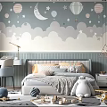 Whimsical Kids Room With Hot Air Balloon Moon Stars Clouds Wallpaper Bed Desk And Toys