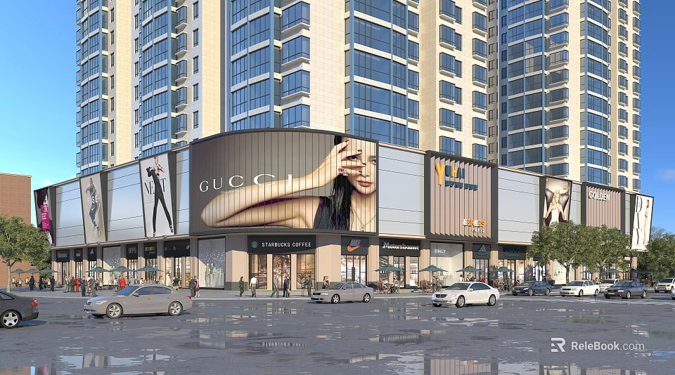 Busy Commercial Street With Luxury Brand Stores Tall Buildings Billboards And Pedestrians 3d model 