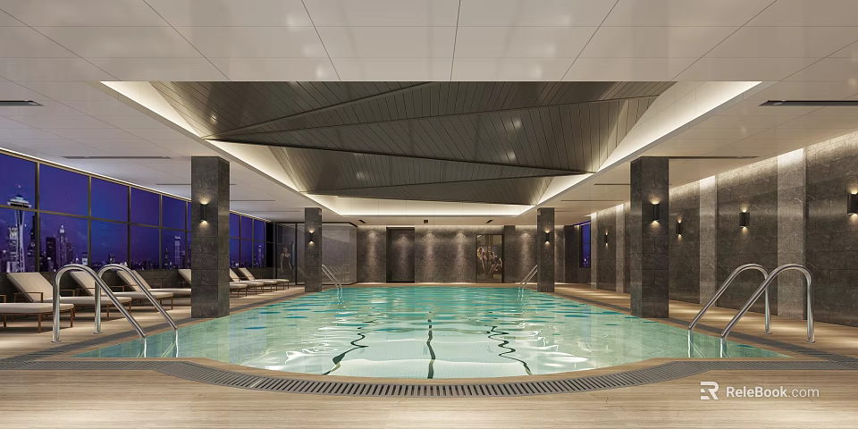 Modern Indoor Swimming Pool With Large Windows Geometric Ceiling And Marble Walls Lounge Chairs 3d model 