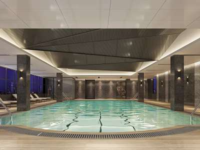 Modern Indoor Swimming Pool With Large Windows Geometric Ceiling And Marble Walls Lounge Chairs 3d model