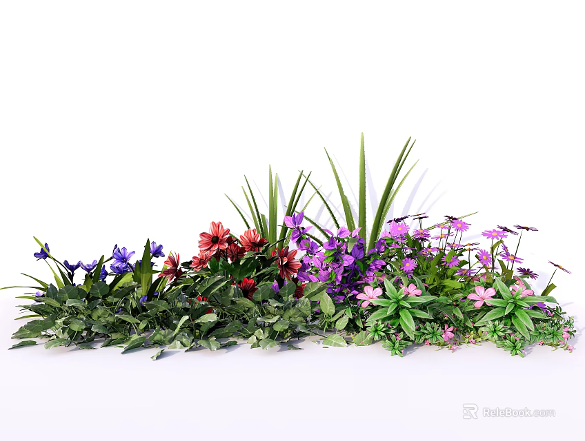 Vibrant Mixed Color Flowers and Green Plants with Lush Leaves and Grass 3d model 