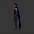 Detailed Modern Superhero Costume With Pink Blue Accents And Cape Standing