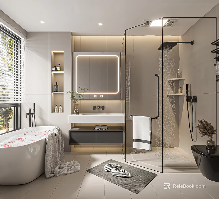 Modern Bathroom Interior With White Bathtub Backlit Mirror Glass Shower Partition Vanity And Blinds 3d model 