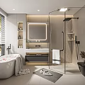 Modern Bathroom Interior With White Bathtub Backlit Mirror Glass Shower Partition Vanity And Blinds