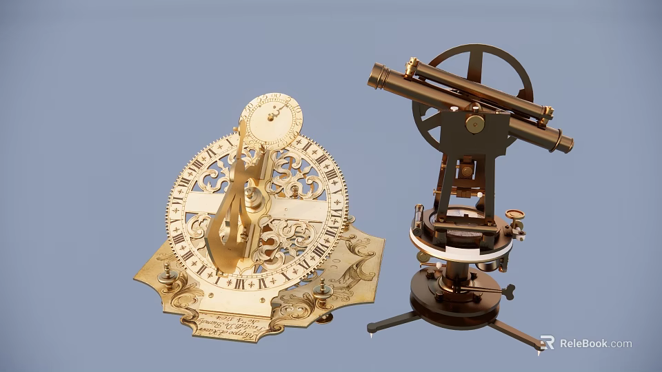Vintage Golden Sundial Featuring Ornate Carvings And Decorative Dial With Astronomical Instrument 3d model 