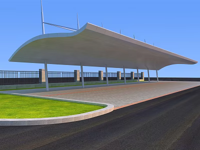 Large Curved Canopy With Supporting Columns Green Lawn Paved Ground And Blue Sky 3d model