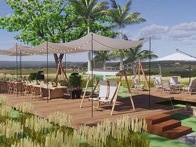 Scenic Rural Landscape With Wooden Deck Canopies Swing Chairs Tables And Palm Trees 3d model