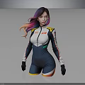 Colorful Haired Female Racer In White Blue Racing Suit With Yellow Red Accents