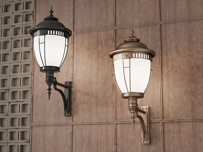 Black and Bronze Vintage Wall Lamps with White Shades on Wooden Wall 3d model