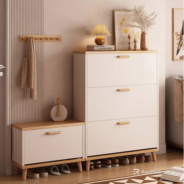 Modern White Shoe Cabinet With Drawers Countertop And Wall Hooks Decorative Items 3d model 