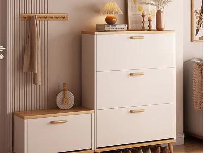 Modern White Shoe Cabinet With Drawers Countertop And Wall Hooks Decorative Items 3d model