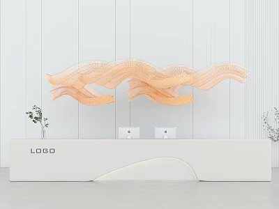 Modern White Reception Desk Featuring LOGO Computers Green Plant Orange Wave Decoration And Striped Wall 3d model