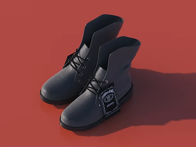 Black Boots with Black Shoelaces Dark Soles White Logo On Upper Against Red Background 3d model