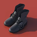 Black Boots with Black Shoelaces Dark Soles White Logo On Upper Against Red Background