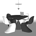 Modern Dining Table Set With Round Black Top White Black Chairs Laptop And Hanging Light