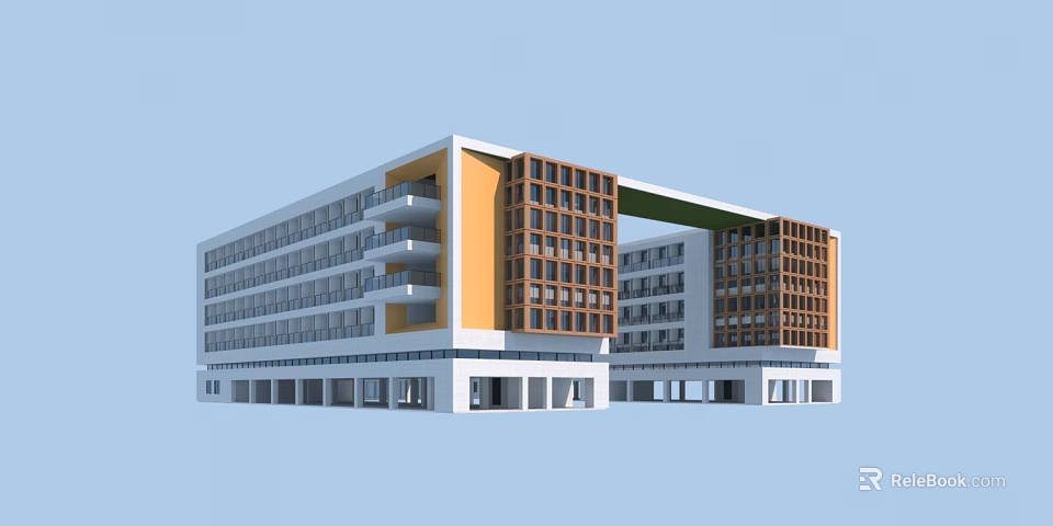 Modern School Building With Multi Storey Structure White And Orange Facade Large Glass Windows 3d model 