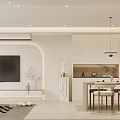 Modern Dining and Living Room with White Cabinets Dining Table Chairs Sofa and Pendant Light