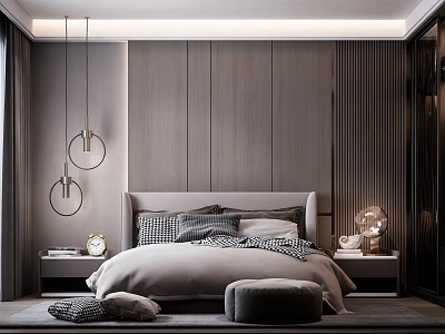 Modern Bedroom Interior With Wooden Panel Wall Gray Bedding Circular Pendant Lights And Ottoman 3d model