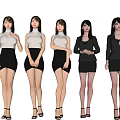 Group of Women Standing in Different Fashionable Outfits With High Heels and Poses