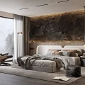 Elegant Bedroom Interior With Large Bed Stone Textured Wall Floor To Ceiling Window Mountain View