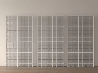 Three White Grid Patterned Room Dividers Standing on Light Wooden Floor Against Neutral Wall 3d model