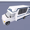 White Recreational Vehicle With Blue Stripes Large Windows And Side Door