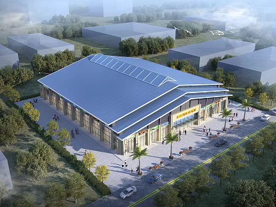 Modern Public Building Featuring Blue Roof Solar Panels Trees And Pedestrian Areas 3d model