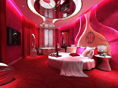 Luxurious Red Hotel Room with Round Bed Chandelier Curved Wall and Plush Carpet 3d model