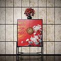 Red Entryway Console Cabinet With Floral Pattern And Vase On Tile Wall Background