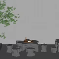 Outdoor Stone Table Chair Set With Small Tree And Lantern Decor 3d model