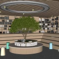 Book Art Themed Library Interior With Circular Pendant Light Wooden Ceiling Bookshelves And Green Plant
