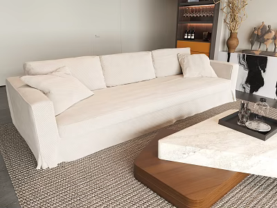 Elegant White Fabric Sofa With Cushions And Marble Top Wooden Coffee Table Set 3d model