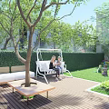 Scenic Feature Wall Design In Garden With Green Plants Seating And Flower Beds