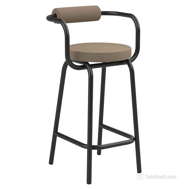 Modern Bar Stool With Black Metal Frame And Brown Padded Seat 3d model 