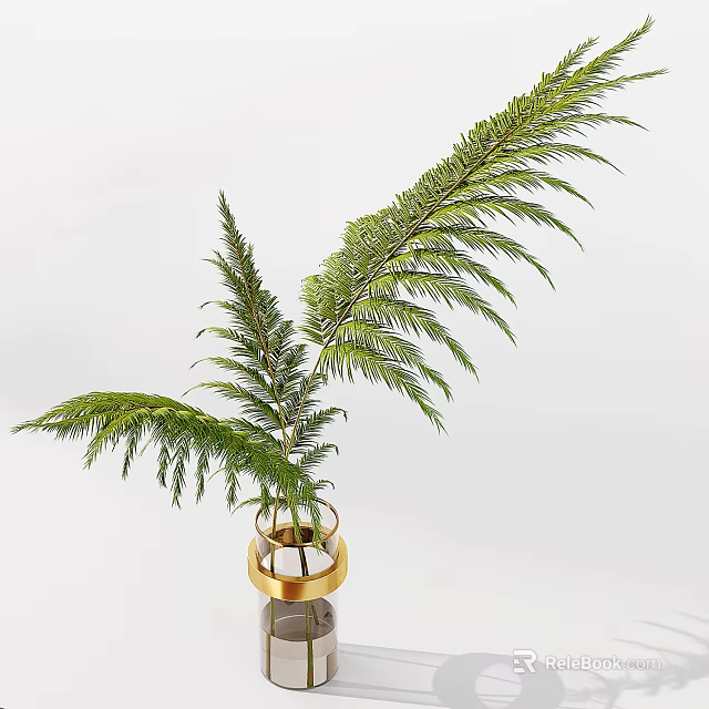 Elegant Gold Vase With Glass Base Holding Green Long Leaf Plant 3d model 