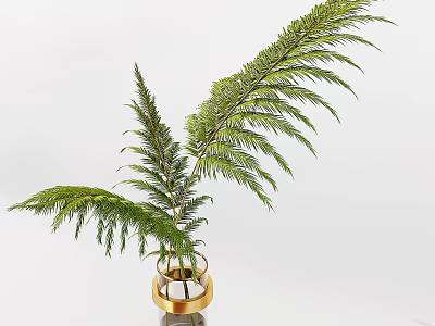 Elegant Gold Vase With Glass Base Holding Green Long Leaf Plant 3d model