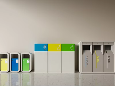 Public Recycling Bins With Multiple Color Coded Compartments For Waste Sorting 3d model