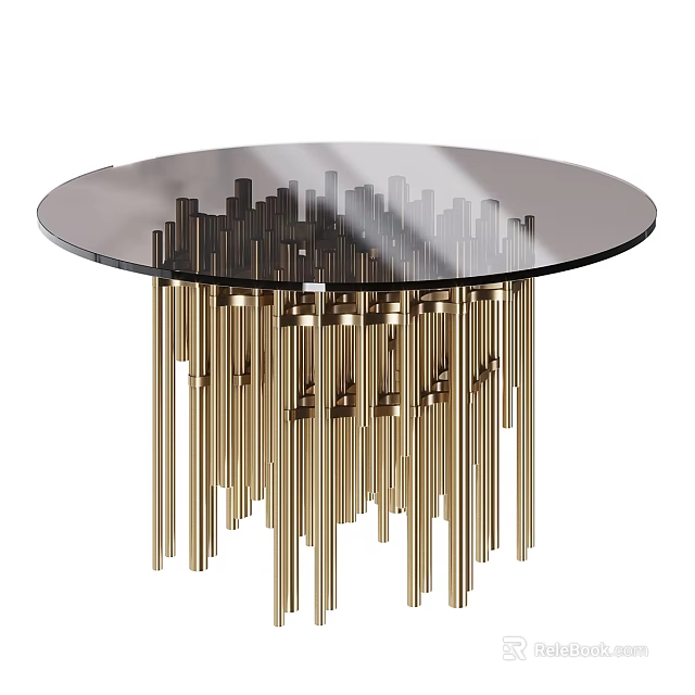 Modern Round Dining Table With Black Glass Top and Gold Metal Legs Design 3d model 