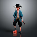 3D Animated Character Model With Blue Top Black Pants And Staff Standing On Red Platform Block