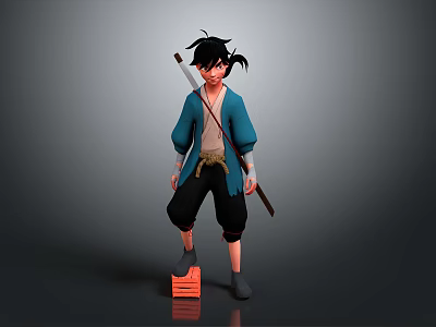3D Animated Character Model With Blue Top Black Pants And Staff Standing On Red Platform Block 3d model