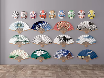 Colorful Traditional Chinese Peking Opera Masks and Folding Fans as Wall Hanging Decorations 3d model