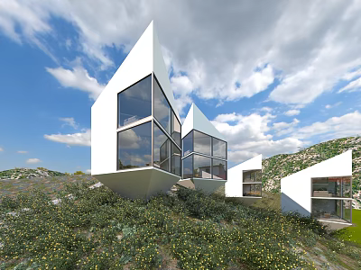 Modern Boutique Villa With Geometric Design Large Glass Windows Set On Hillside With Wildflower Meadow 3d model