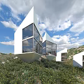 Modern Boutique Villa With Geometric Design Large Glass Windows Set On Hillside With Wildflower Meadow
