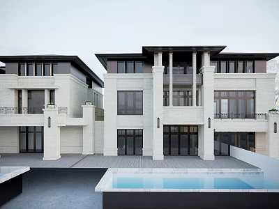 Modern Townhouse Exterior Design With Swimming Pool And Stone Facade Features 3d model