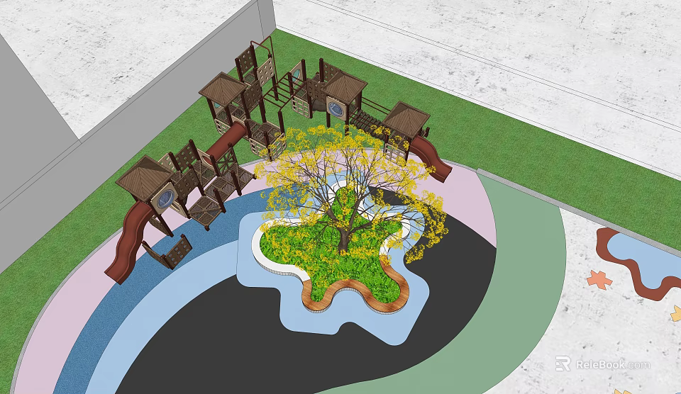 Playground Equipment Featuring Wooden Climbing Frames Tree And Colorful Ground Areas 3d model 