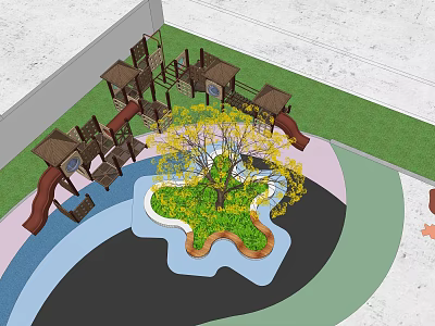 Playground Equipment Featuring Wooden Climbing Frames Tree And Colorful Ground Areas 3d model