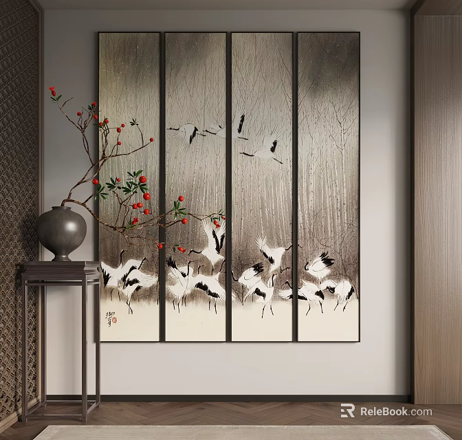 Traditional Chinese Landscape Painting With Cranes In Forest 3d model 