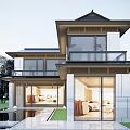 Modern Detached Villa Exterior With Large Glass Windows Stone Walls Balcony And Pool Reflection
